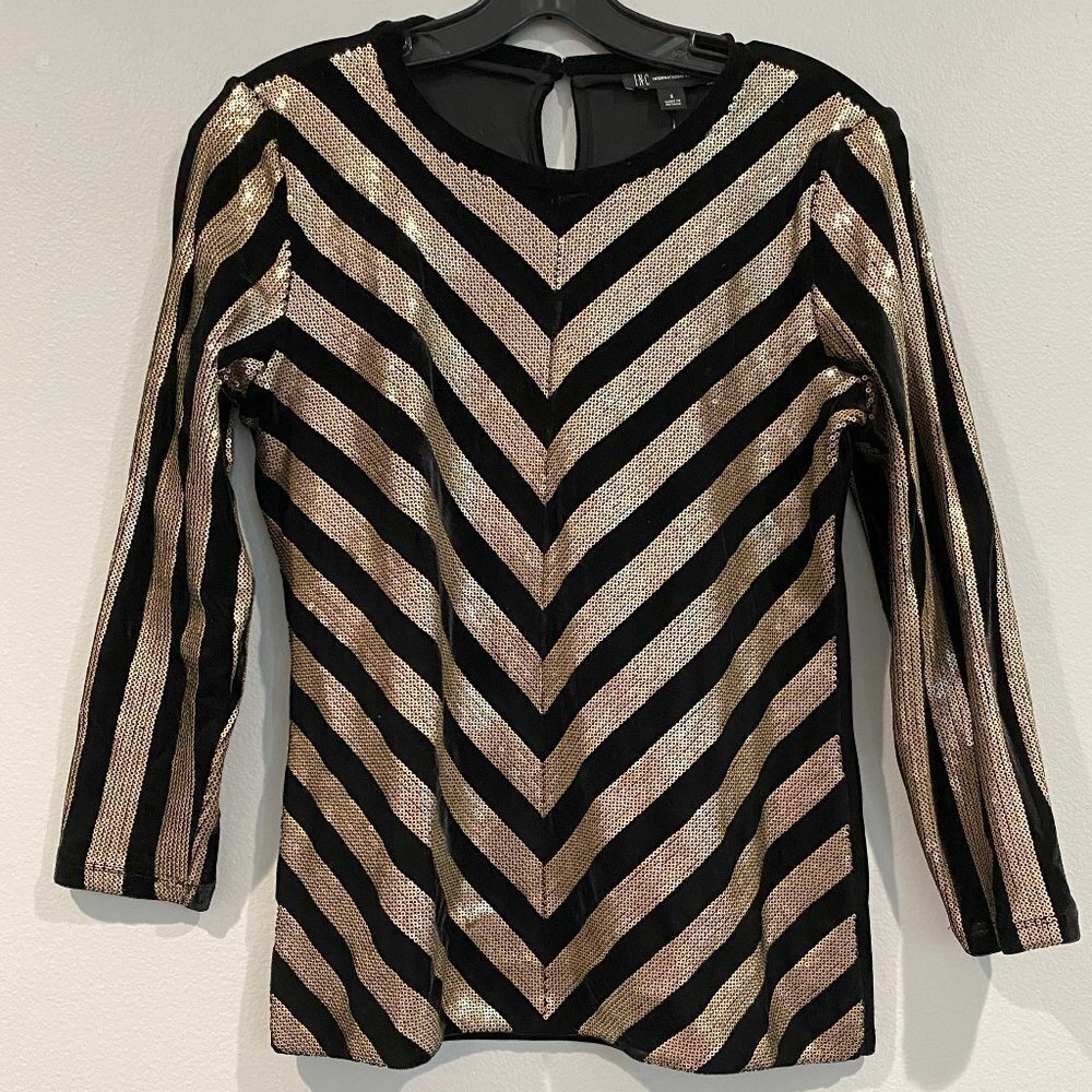 INC International Concepts Black Velvet 3/4 Length Shirt with Gold Stripes S/XS